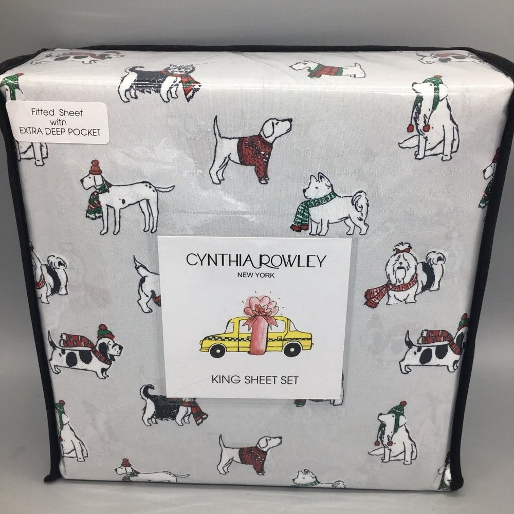 Cynthia Rowley Christmas Dog KING Sheet Set Holiday Winter Sweater Scarf XDeep